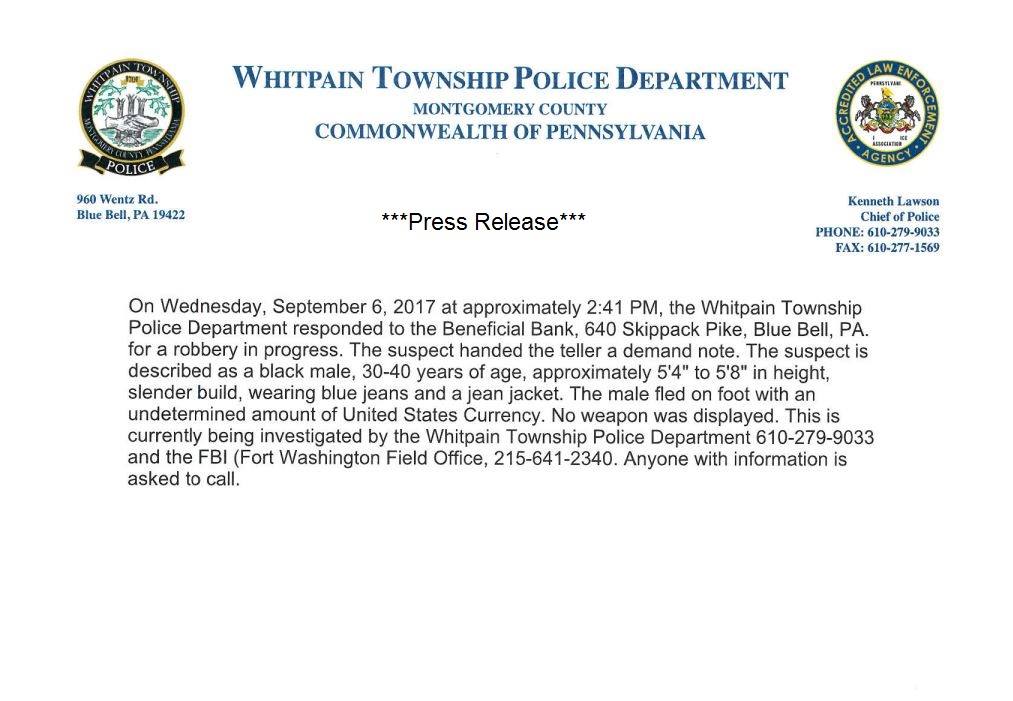 Police Need Help Identifying Suspect in Bank Robbery - Around Ambler