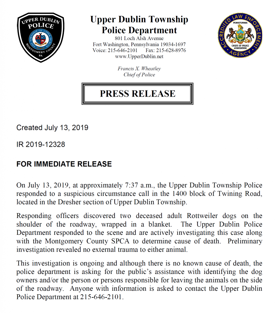 Upper Dublin Police Press Release