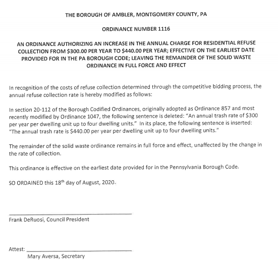 Ambler's Borough Council to consider raising residential refuse