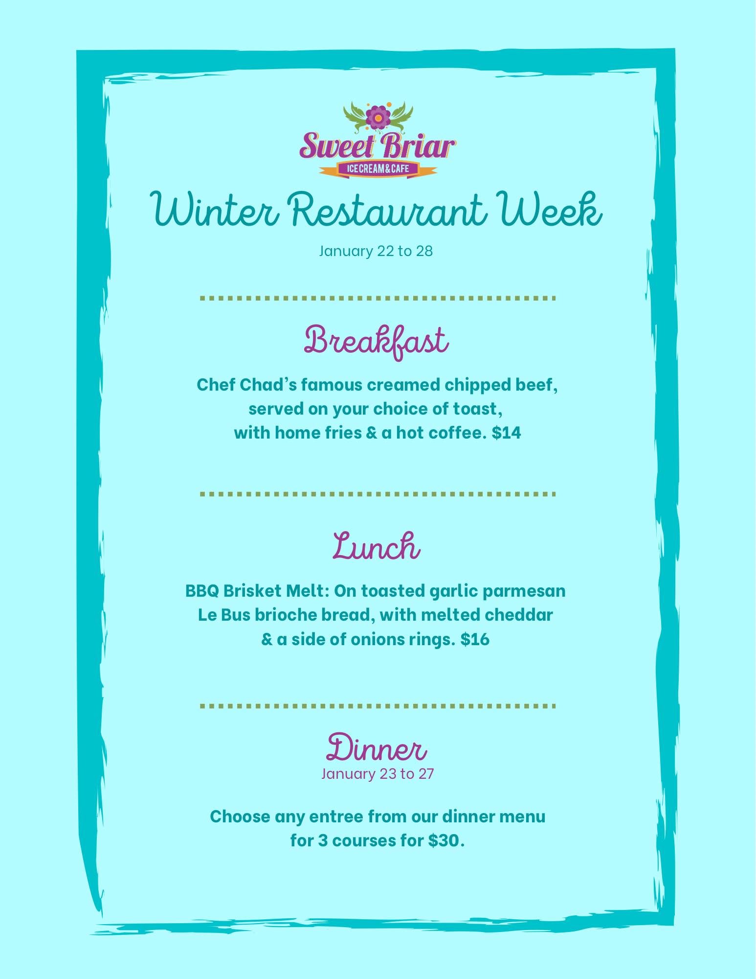 Sweet Briar Cafe celebrating Winter Restaurant Week from January 2228